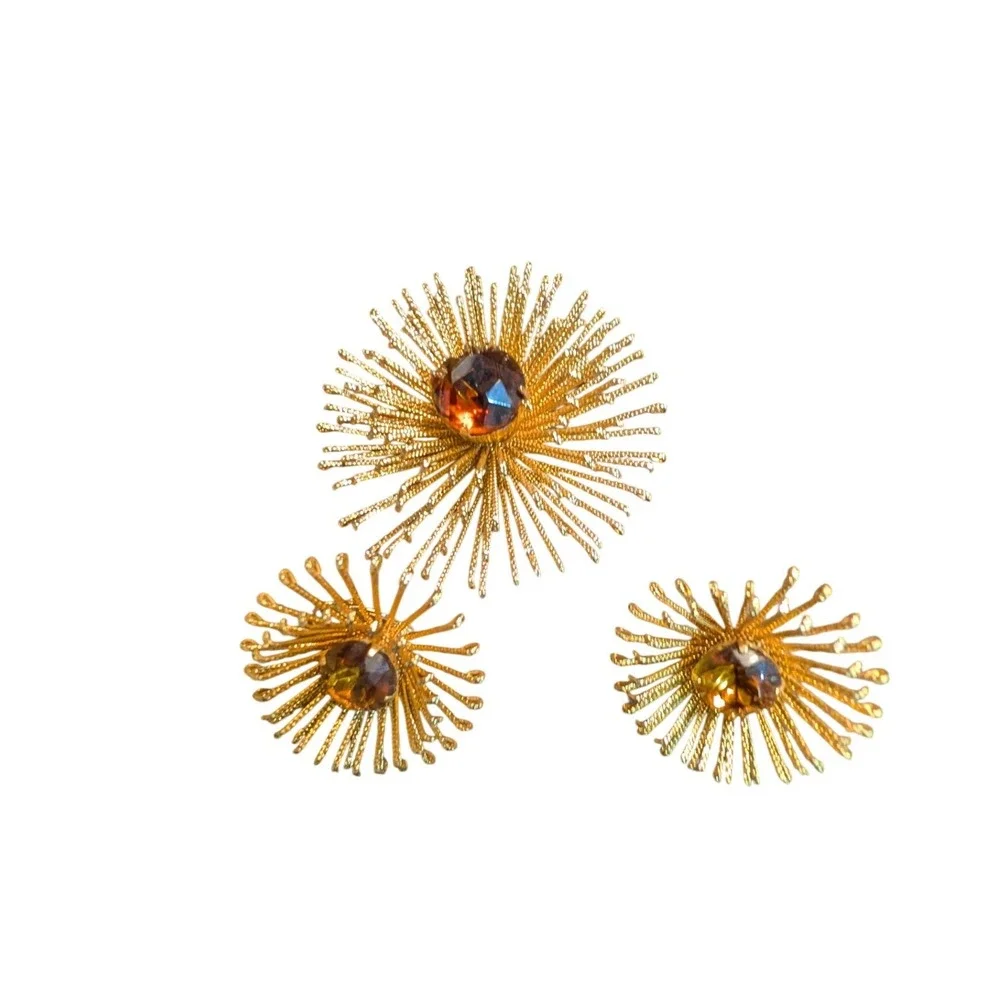 Vintage Coro Gold Tone Amber Rhinestone Sunburst Brooch and Clip Earring Set